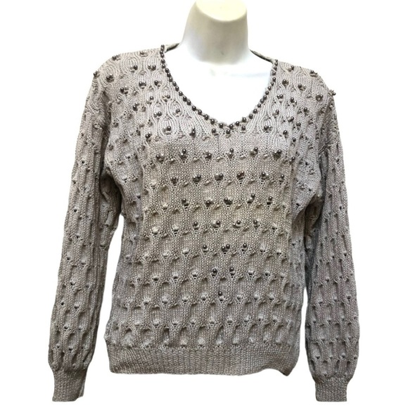 2/$30 Cable Knitted Lightweight V Neck Tan Handmade Sweater Perl Clusters Small - Picture 1 of 9